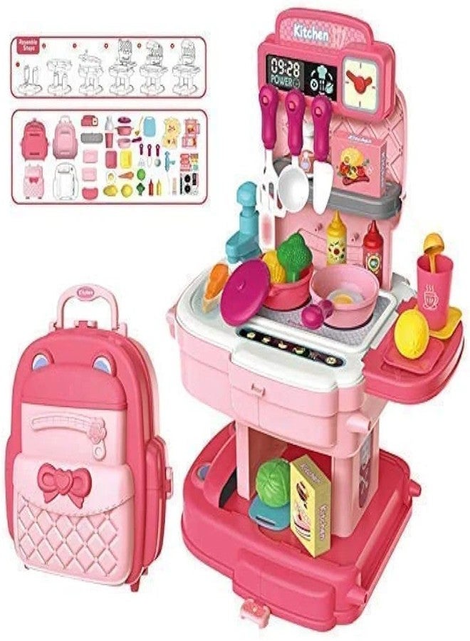 PN AVAN Kitchen Set for Kids 34 Pcs Simulation Portable Kitchen Set for Girls with Realistic Kitchen Suitcase for Kids for 3 Year Old Girls (School Bag Kitchen Set) (Pink) - Image 4